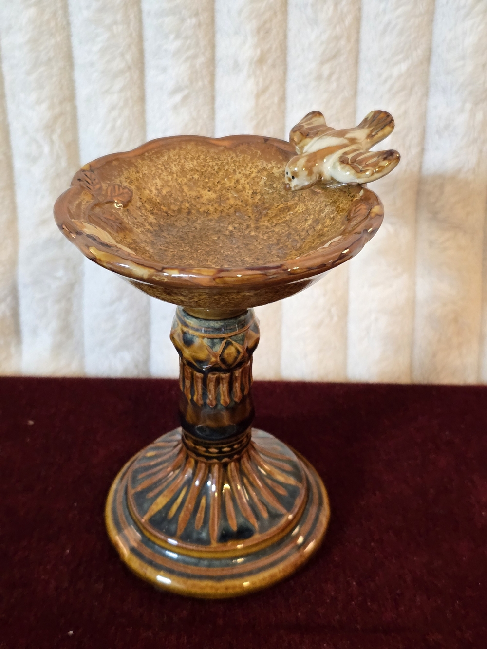 Vintage Majolica Style Ceramic Miniature Bird Bath Figurine Trinket Dish 6.75”
